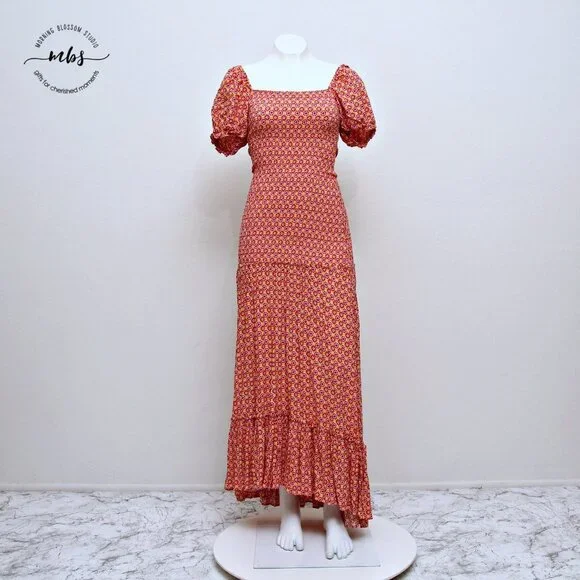 L*SPACE Simone Floral Square‎ Neck Short Sleeve Smocked High Low Maxi Dress - Picture 3 of 16